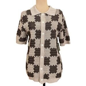 Massive Luxury Pattern Beige Brown Button Up Cotton Sweater Size Small